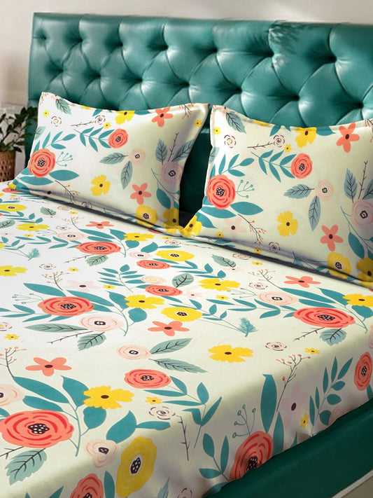 KLOTTHE White & Grey Floral Print 300 TC Fitted Double King Bedsheet With 2 Pillow Covers - Swadesiicart