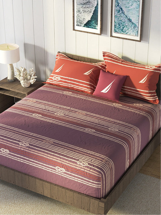 Nautica Purple & Orange Striped Cotton 160 TC King Bedsheet With 2 Pillow Covers - Swadesiicart