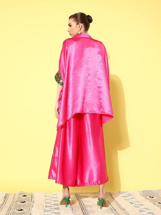 InWeave Women's Pink Green Brocade Satin Boho Kurta Palazzo Set - Swadesiicart