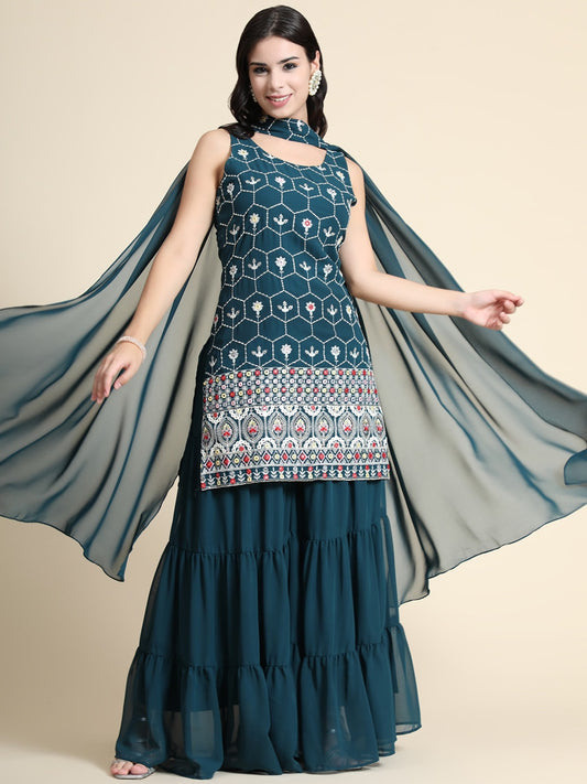 Kalini Women Teal Floral Embroidered Kurta with Sharara & Dupatta | Swadesiicart