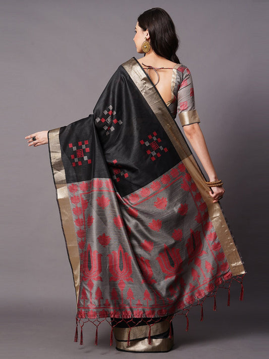 Mitera Black & Red Ethnic Motifs Silk Cotton Banarasi Saree | Swadesiicart
