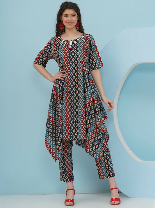 Joban Fashion Ikkat Printed Co Ord Set - Blue Red - Swadesiicart