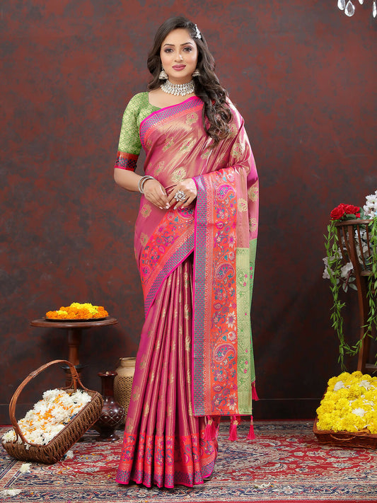 Lorenvalley Fashion Magenta Kanjivaram Silk Woven Design with Zari Weaving Saree - Swadesiicart