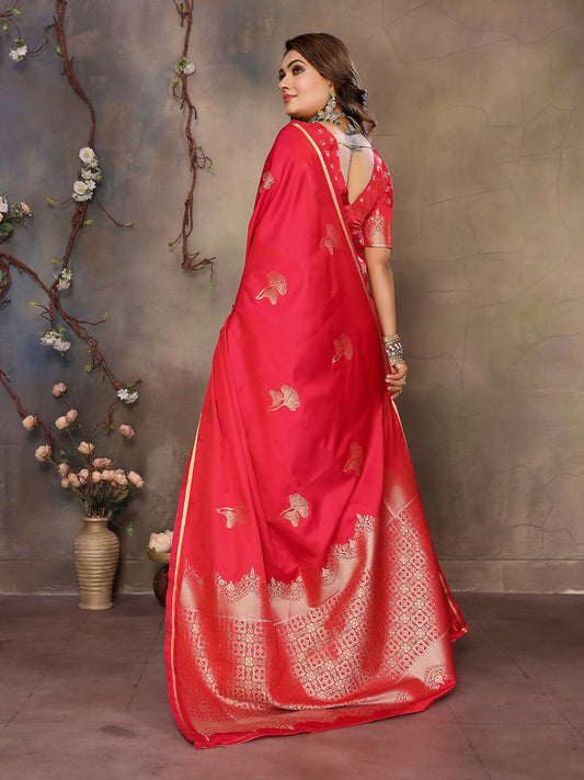 Joban Fashion Red Floral Motifs Banarasi Silk Sarees | Swadesiicart