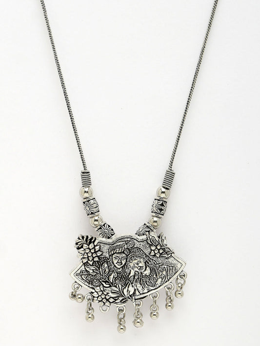 NVR Women's Silver-Toned Radha Krishna Pendant with Chain | Swadesiicart