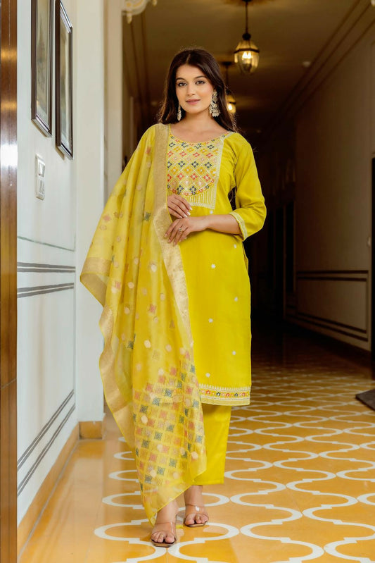 The52 Yellow Women's Beautiful Embroidered Viscose Shimmer Fabric with Straight Kurta, Pant and Dupatta Set - Swadesiicart