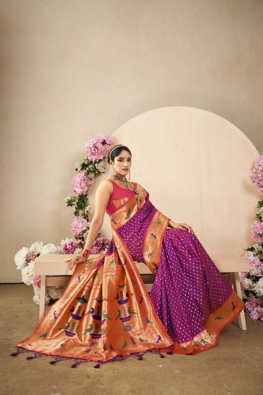 Vishnu Weaves Women's Wine Paithani Silk Saree with Blouse - Swadesiicart