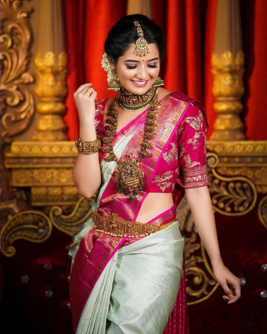 DEIANA'S Beautiful Designer Golden zari Soft Lichi Silk Saree - Pista - Swadesiicart