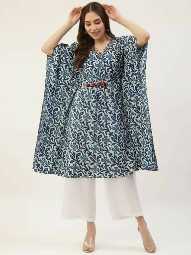 FIORRA Women's Printed Pure Cotton Kaftan Kurta - Blue - Swadesiicart