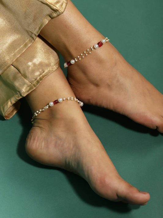 Gold-Polished Pink White Pearl Beaded Anklets Set Of 2 - Ruby Raang | Swadesiicart