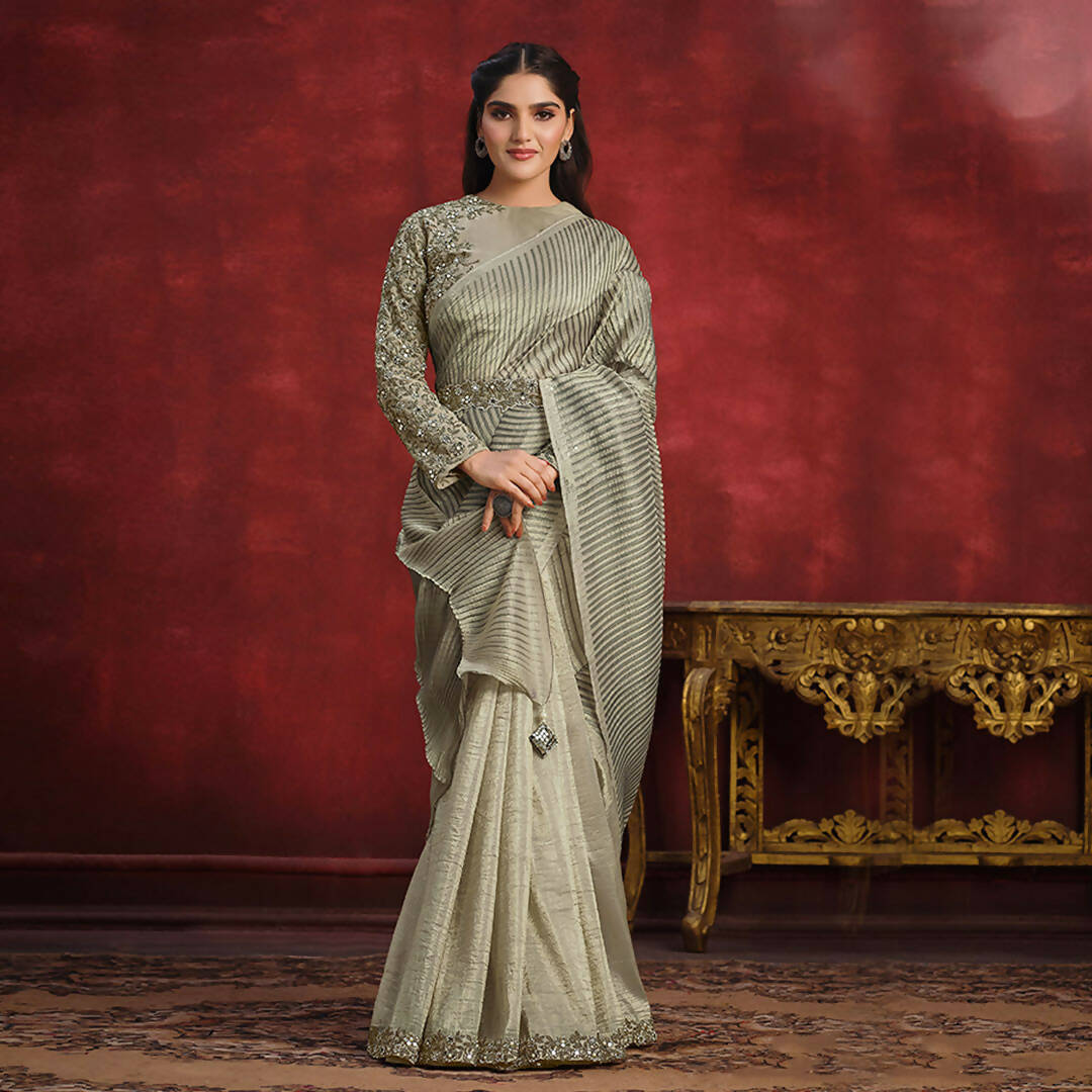 Olive Banarasi Crush Silk Sequence Thread & Stone Work/ Texture Pallu Saree - Mohmanthan Kimiya | Swadesiicart