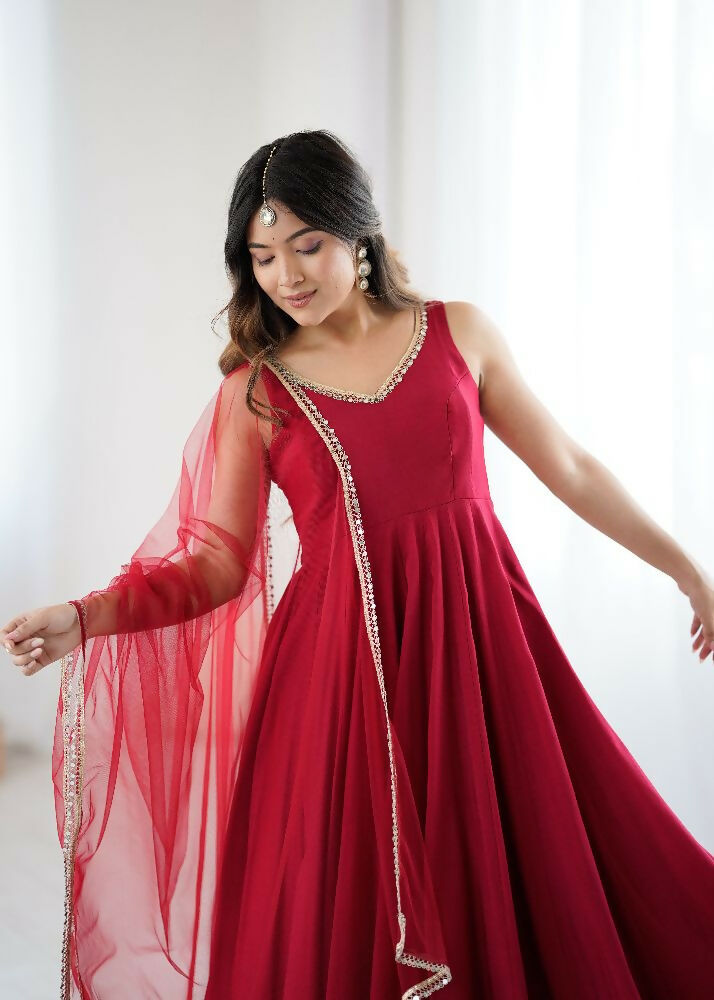 Joban Fashion Maroon Kurta Set Chanderi Sequence Embroidery Work
