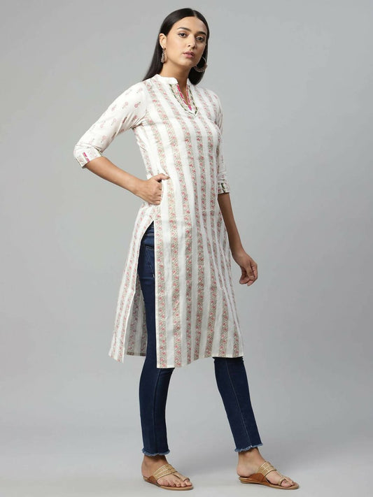 Ahalyaa Womens Off White Color Pure Cotton Printed Kurtas | Swadesiicart
