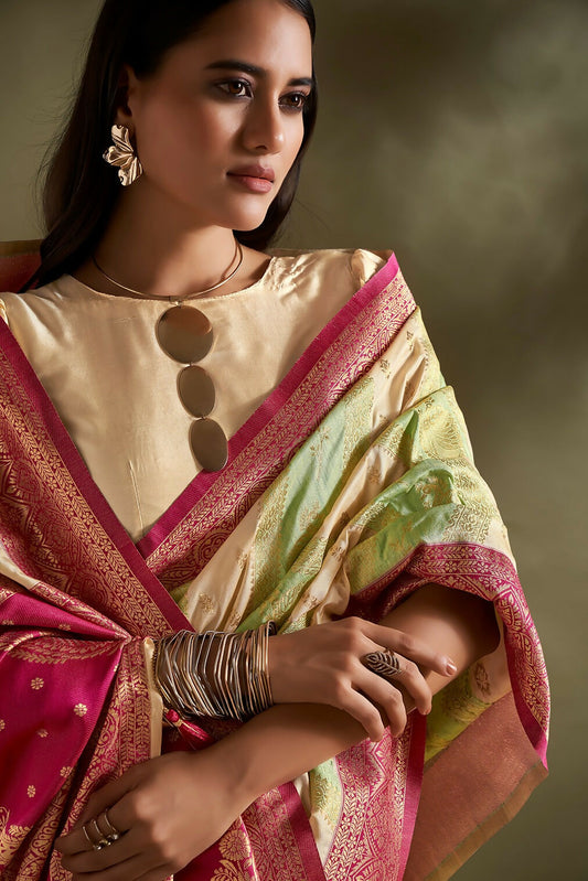Joban Fashion Cream & Sea Green Plain With Weaving Border Banarasi Silk Sarees | Swadesiicart