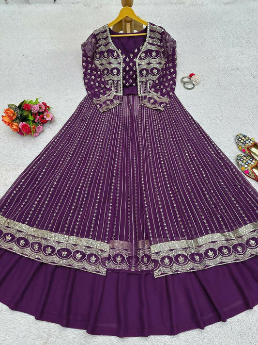 Jyoti Fashion Women's Wine Faux Georgette Sequins with Thread Embroidered Designer Lehenga Choli with Shrug Set | Swadesiicart