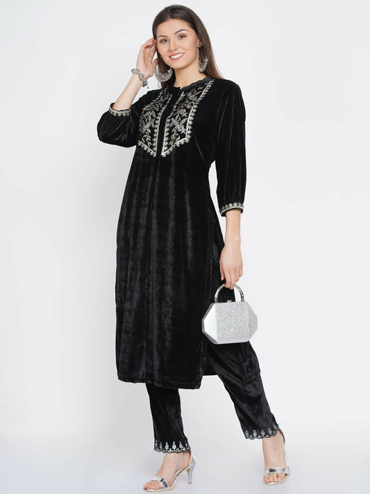 Women Republic Black Velvet Embroidered Kurta With Pants | Swadesiicart