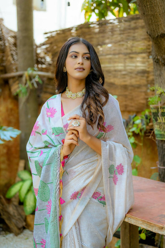 Vishnu Weaves Women's Pink Muga Cotton Woven Butti Saree with Blouse - Swadesiicart