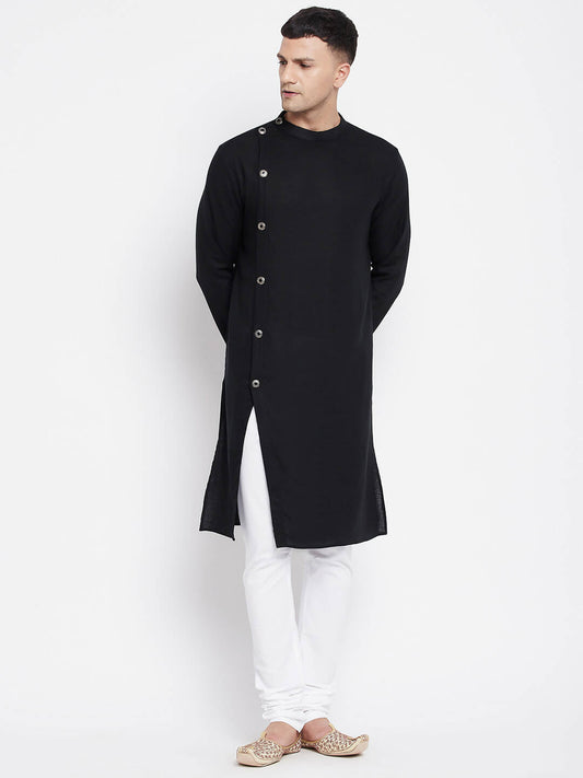 Even Apparels Black Pure Cotton Men's Sherwani Kurta With Asymetrical Cut | Swadesiicart