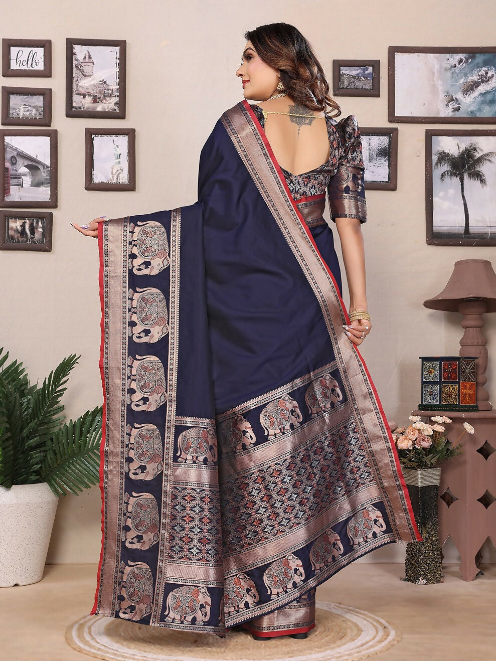 Joban Fashion Dark Blue Solid Banarasi Silk Sarees | Swadesiicart