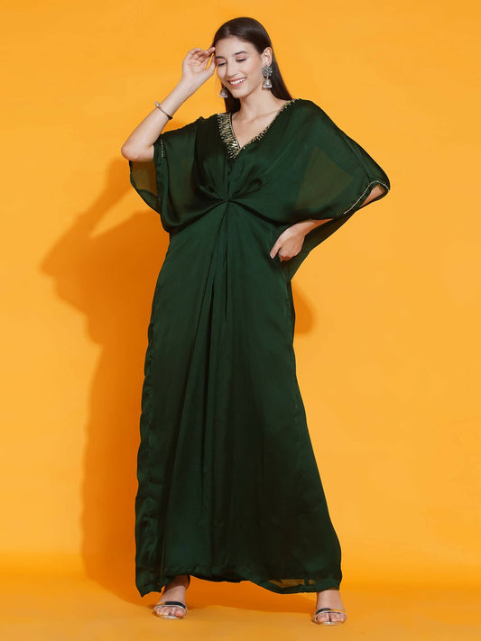 Women Republic Green Georgette Hand Embellished Kaftan Style Gown | Swadesiicart