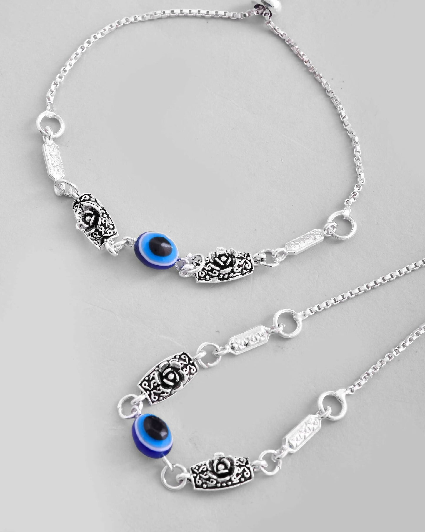VOJ Set of 2 Silver Plated Flower And Evil Eye HandCrafted Anklet - Swadesiicart