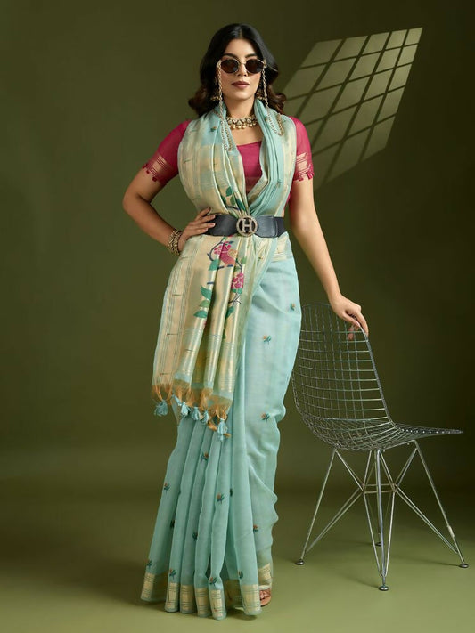 Vishnu Weaves Women's Firozi Muga Cotton Thread Woven Butti with Blouse - Swadesiicart
