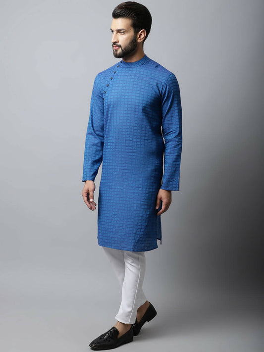 Even Apparels Blue Color Pure Cotton Men's Kurta With Band Collar (CHK1198) | Swadesiicart