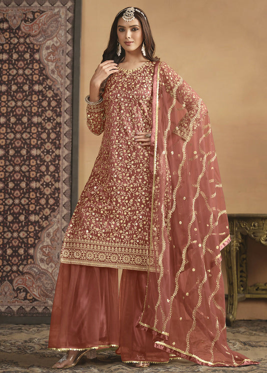 Net Rust Orange Embroidered Festive Gharara Style Suit - Emponline | Swadesiicart