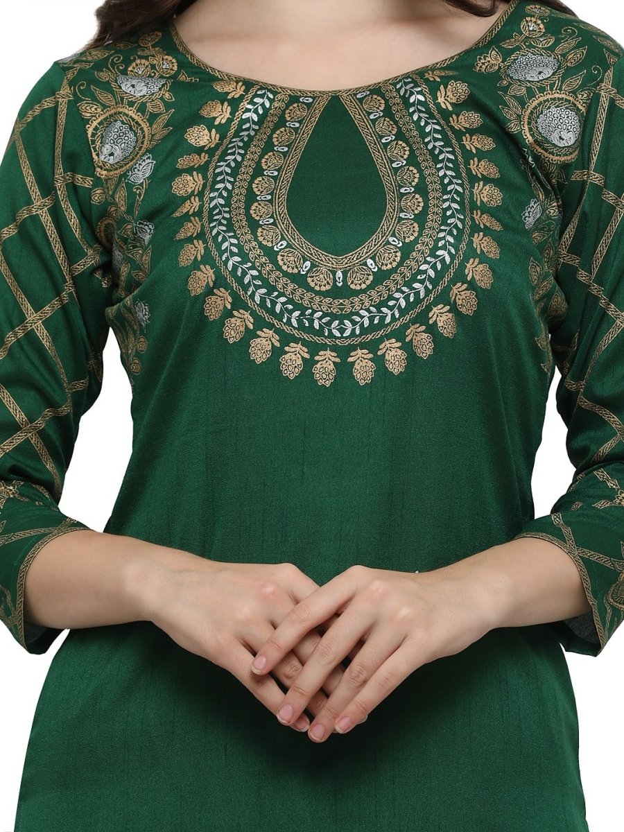 Ahalyaa Women's Green Poly Silk Gold Foil Print Kurta | Swadesiicart