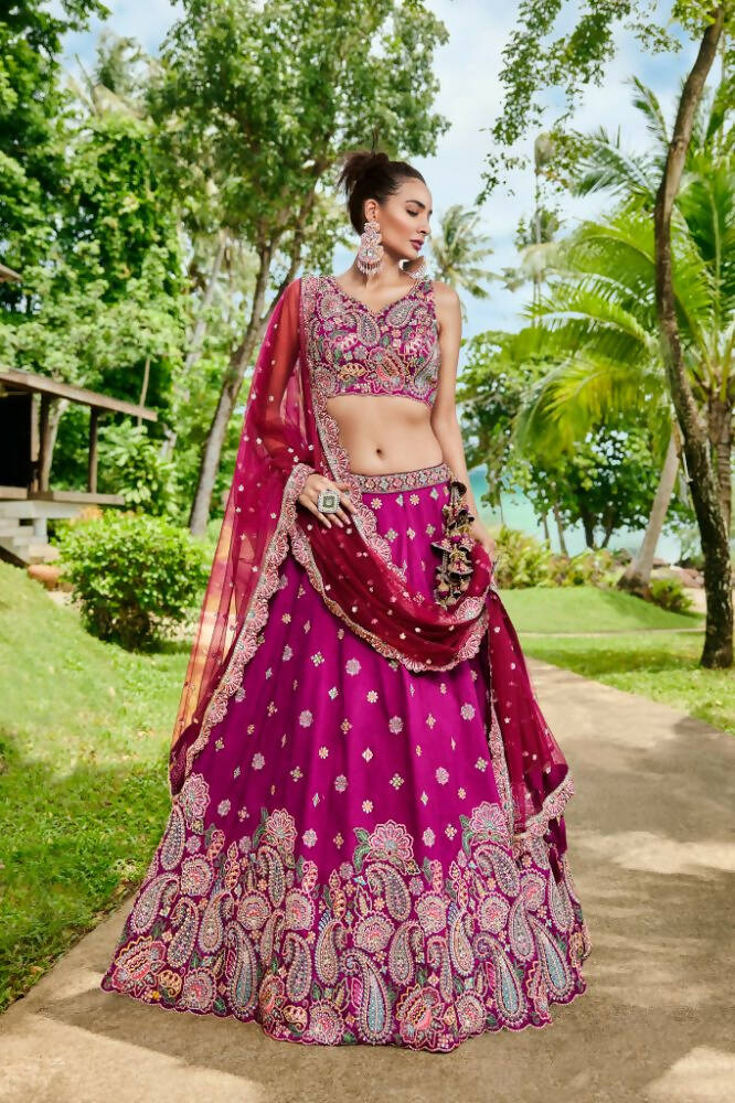 House of Panchhi Burgundy Satin Silk Sequins And Zarkan Embroidery Lehenga Choli & Dupatta | Swadesiicart