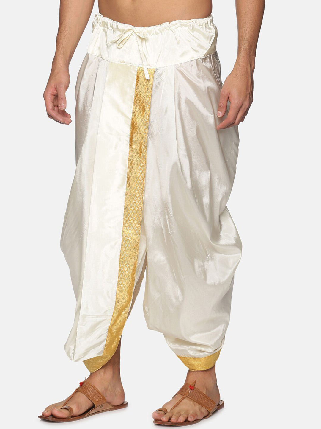 Sethukrishna Men Cream & Golden Solid Dhoti | Swadesiicart