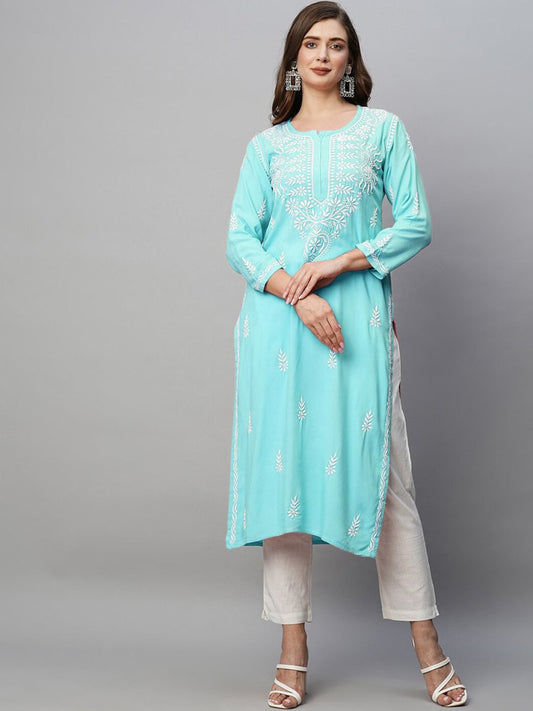 ADA Ethnic Motifs Embroidered Chikankari Cotton Kurta | Swadesiicart