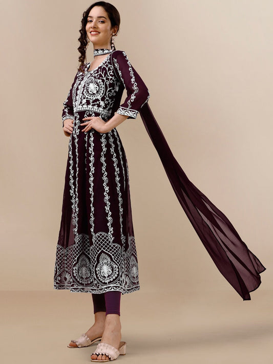 HERE&NOW Floral Lucknowi Chikankari Embroidered Georgette Anarkali Kurta with Dupatta | Swadesiicart