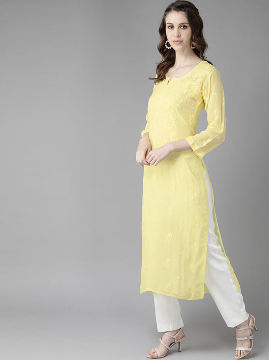 ADA Women Yellow Ethnic Motifs Embroidered Chikankari Georgette Handloom Kurta | Swadesiicart