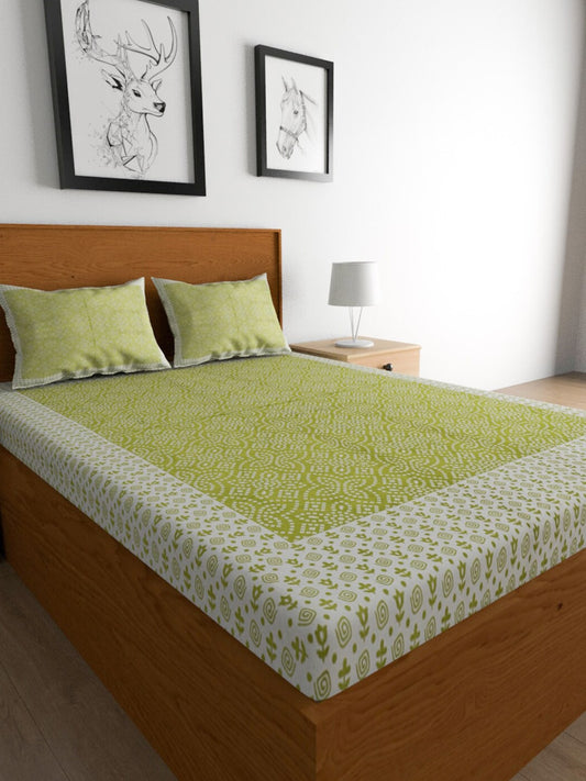 Urban Magic Green & White Ethnic Motifs Cotton 104 TC Queen Bedsheet with 2 Pillow Covers - Swadesiicart
