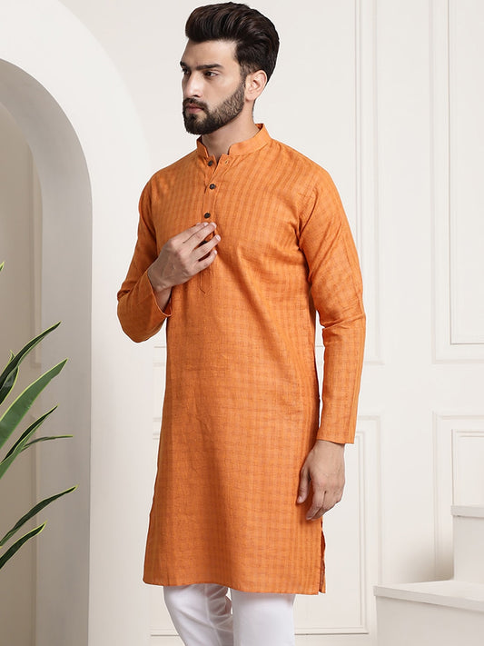 Sojanya Men Orange Dobby Self-Checked Straight Kurta | Swadesiicart
