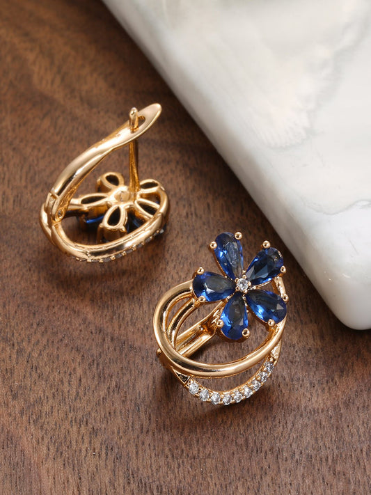 Shining Diva Rose Gold-Polished Blue Floral Studs Earrings