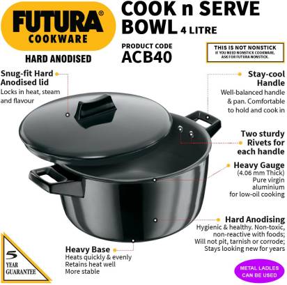 Hawkins Futura Hard Anodized Cook-n-Serve Bowl 23 cm Diameter 4 L with Lid (ACB40) - Swadesiicart