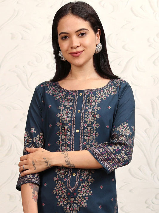 Vishudh Women Navy Blue Printed A-Line Kurta - Swadesiicart