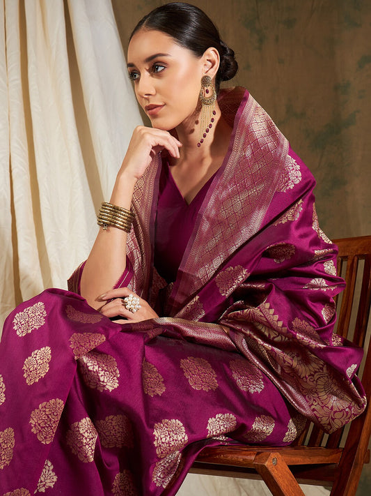 Sangria Burgundy & Gold-Toned Ethnic Motifs Woven Design Zari Silk Blend Banarasi Saree | Swadesiicart