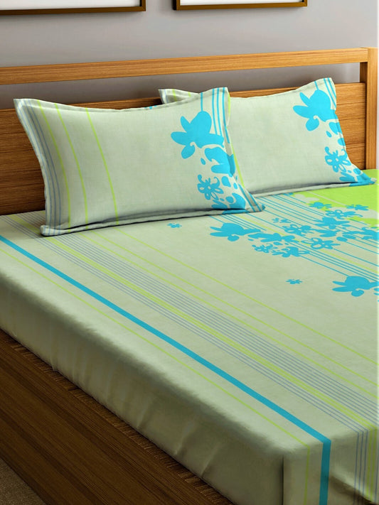 Home Sizzler Green & Blue Floral Cotton 210 TC Queen Bedsheet with 2 Pillow Covers - Swadesiicart