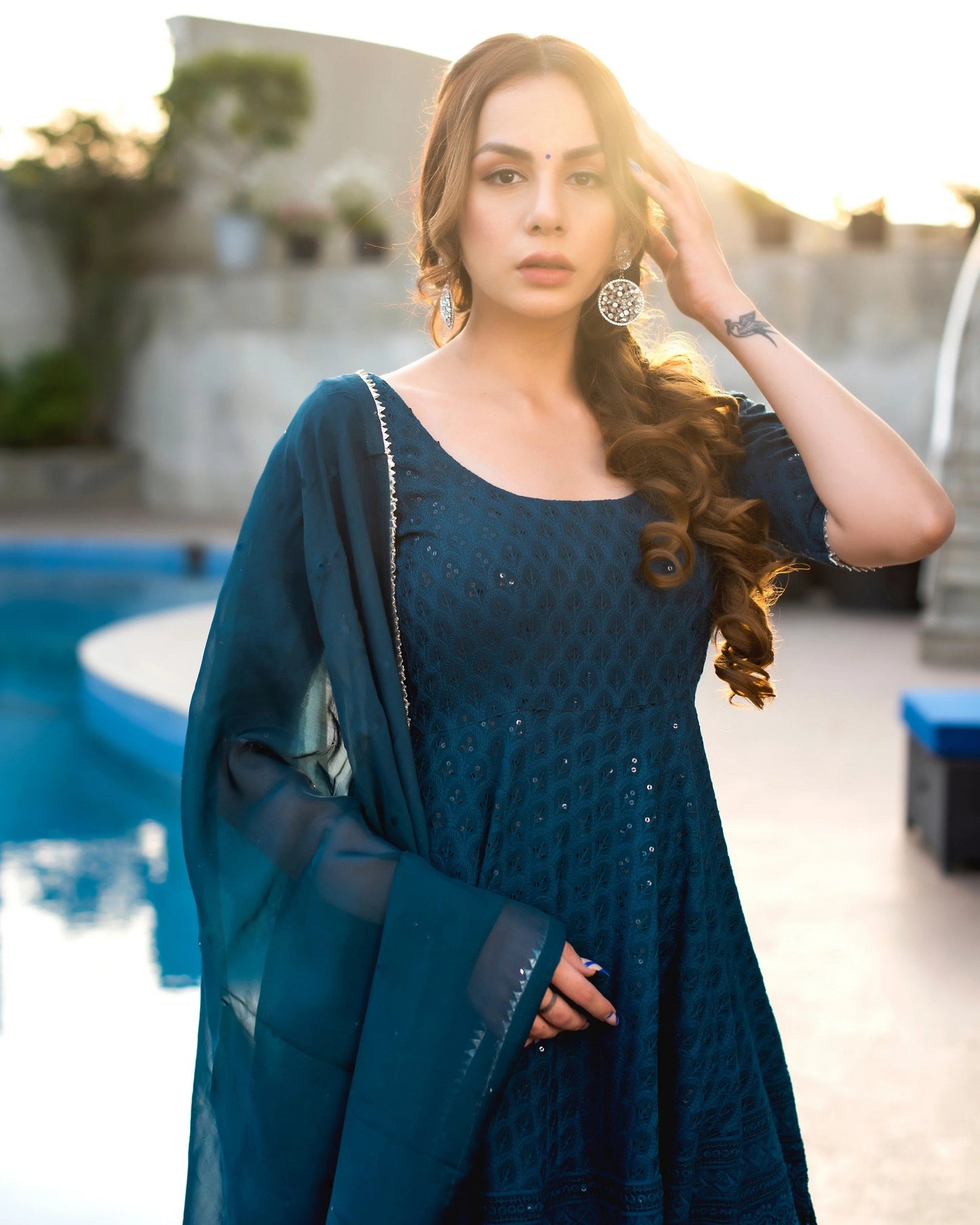 Malishka Women's Blue Embroidered Cotton Kurta Sharara Set With Dupatta - Blue - Swadesiicart