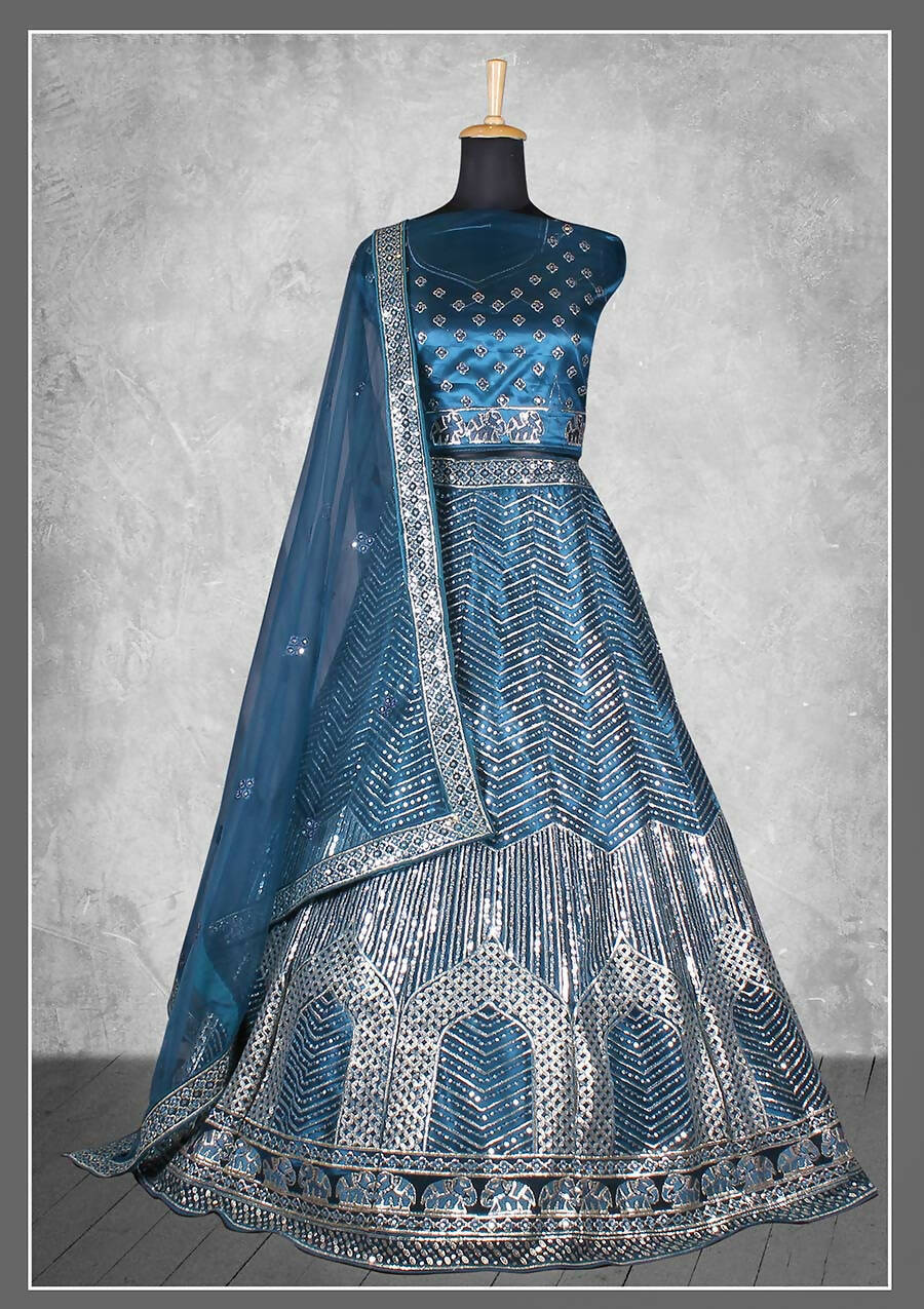 Teal Satin Silk Cord and sequins Floral embroidery Bridal lahenga Choli with Dupatta - Nimaya Pavitra Rista | Swadesiicart