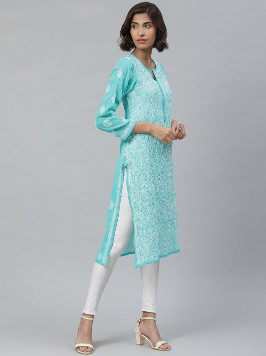 ADA Women Sea Green & White Floral Chikankari Embroidered Straight Sustainable Handloom Kurta | Swadesiicart