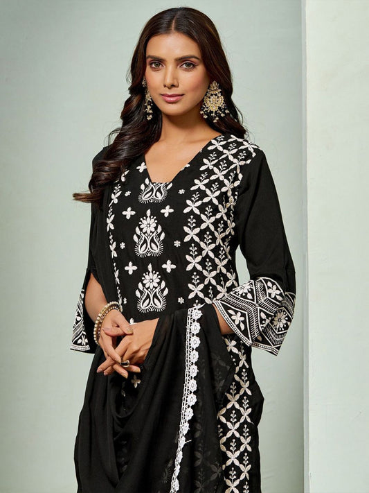 Sangria Chikankari Embroidered Straight Kurta & Trouser With Dupatta | Swadesiicart