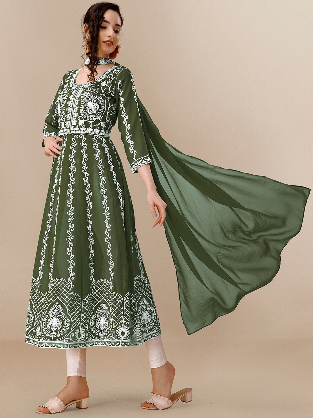 HERE&NOW Green & White Ethnic Motifs Embroidered Chikankari Kurta & Dupatta | Swadesiicart
