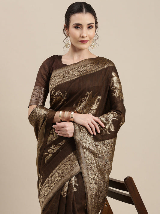 Saree Mall Brown Floral Linen Blend Banarasi Saree | Swadesiicart