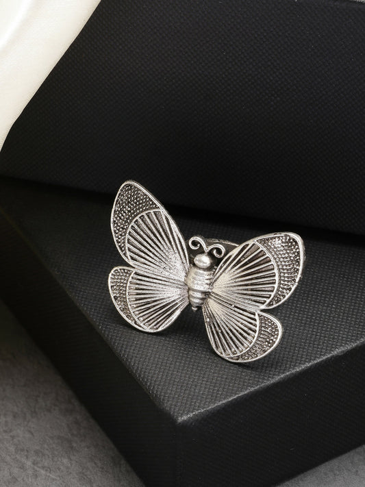 NVR Women's Silver-Toned Butterfly Shape Adjustable Finger Ring | Swadesiicart