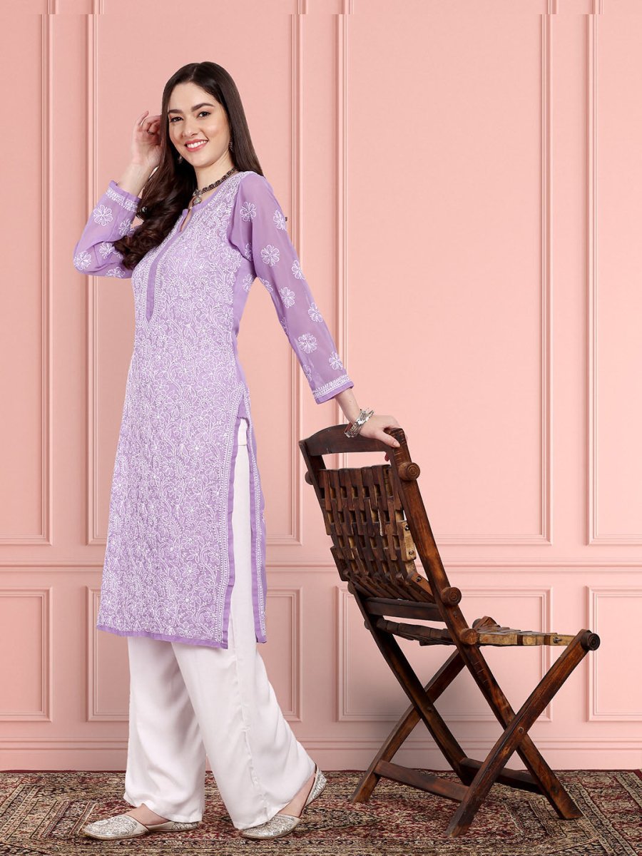 ADA Women Purple & White Ethnic Motifs Embroidered Chikankari Georgette Kurta | Swadesiicart