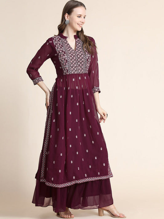 Kalini Women Burgundy Floral Yoke Design Empire Silk Georgette Kurta with Sharara | Swadesiicart